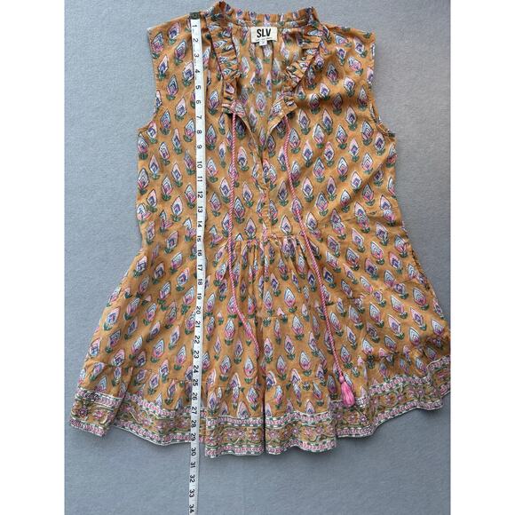 SLV Sur La Vague Cap Sleeve Mini Tulip Print Dress Pink Tassel Ruffle Neck SZ P - Picture 8 of 9